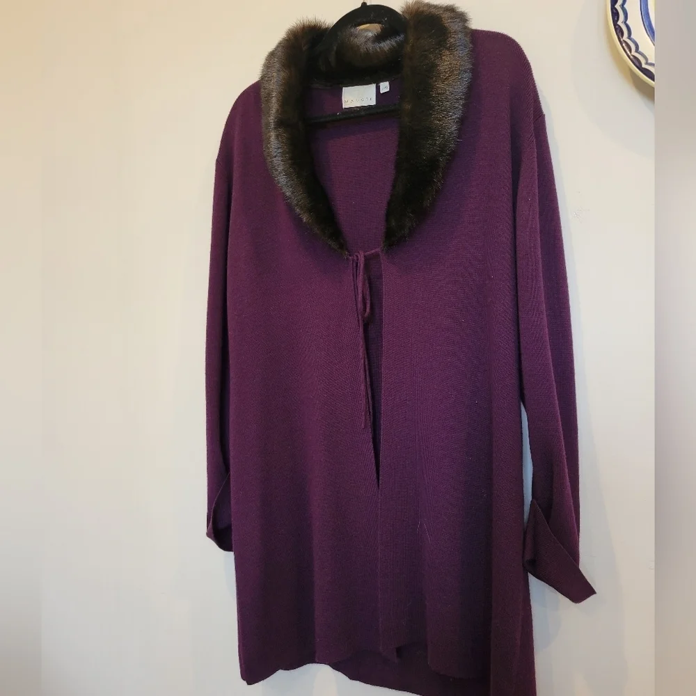 Womans Maggie Fine Knit Stylish Long Sweater Coat Faux Fur Collar L - Picture 11 of 11